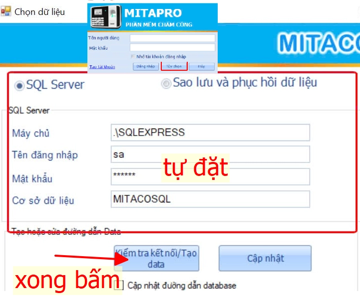 Mở t&ugrave;y chọn để c&agrave;i đặt cơ sở dữ liệu cho phần mềm