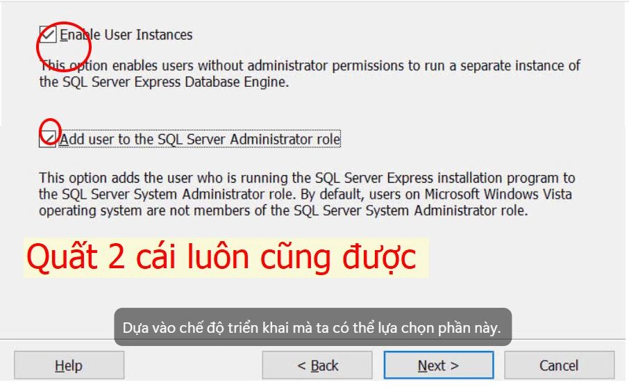 Chọn cả 2 loại t&iacute;nh năng SQL server c&agrave;i đặt 2005 cho phần mềm mita pro 2024
