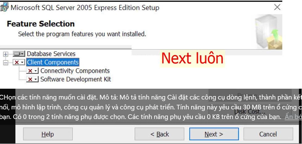 Lựa chọn t&iacute;nh năng c&agrave;i đặt SQL server 2005 cho phần mềm chấm c&ocirc;ng Mitapro 2024