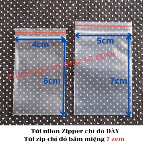 Túi nilon Zipper chỉ đỏ DÀY, túi zip chỉ đỏ bấm miệng 7 zem